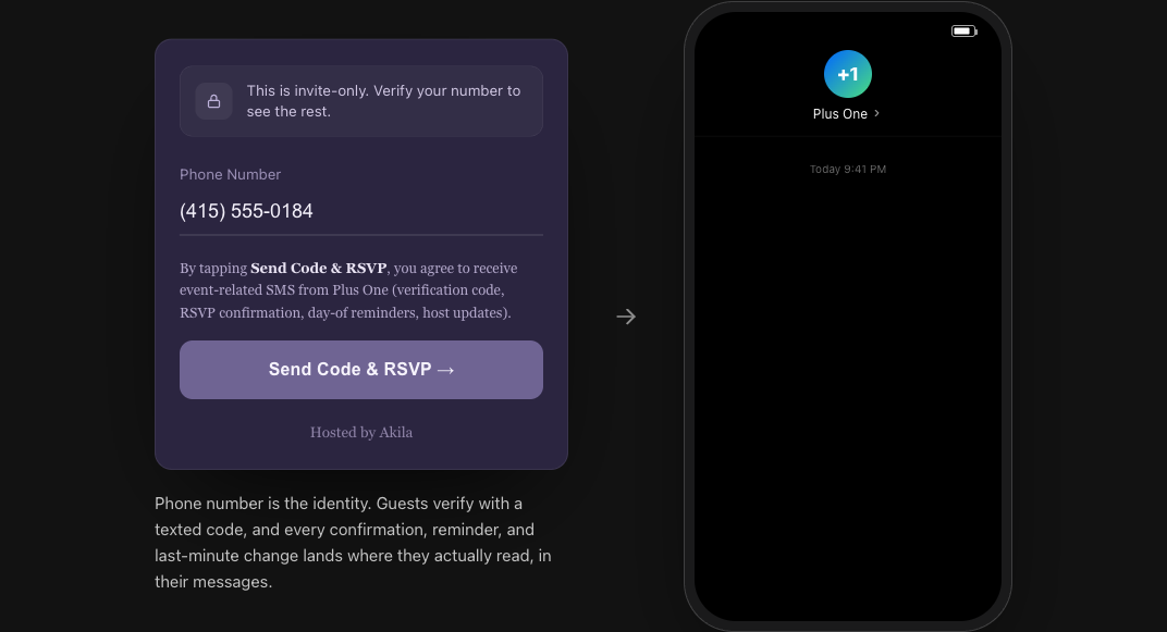 Guests verify their phone with a texted code to RSVP, no app to download.